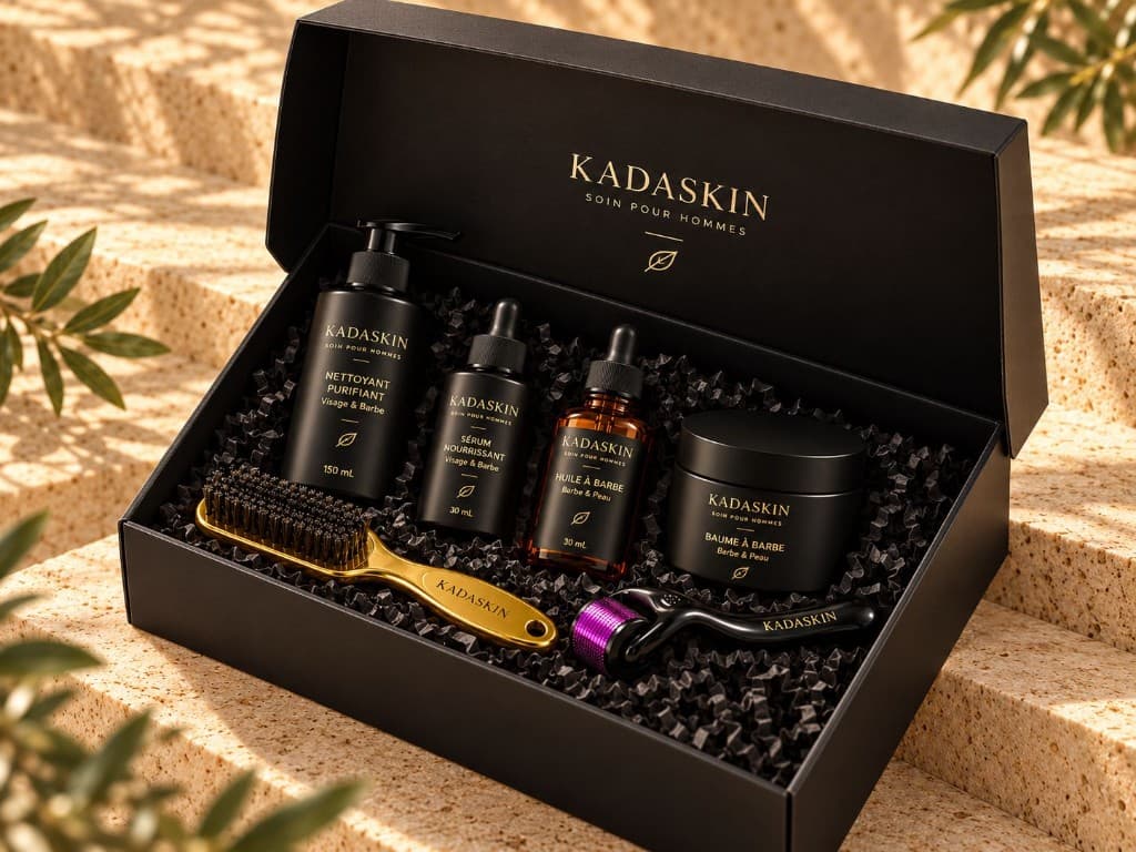 Coffret noir KADASKIN ouvert : nettoyant, sérum, huile, baume, derma roller et brosse à barbe, sur une pierre claire.