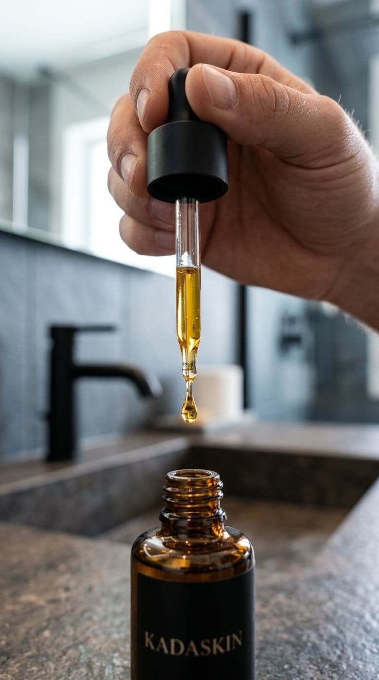 Pipette d’huile à barbe KADASKIN au-dessus du flacon.