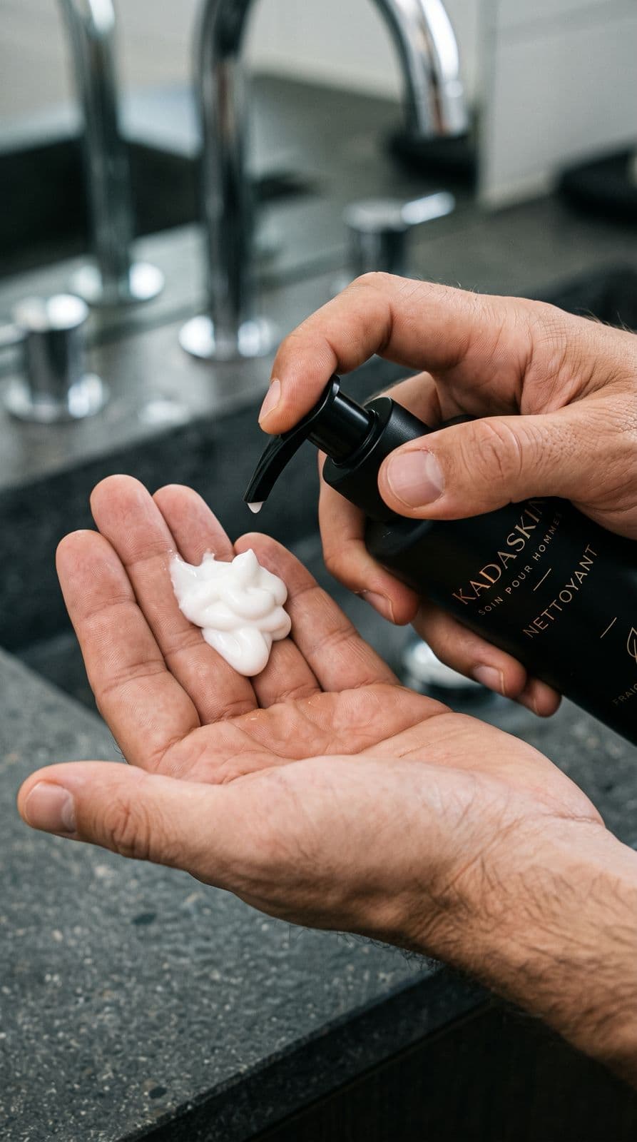 Mousse du nettoyant purifiant KADASKIN dans une main, devant un lavabo.