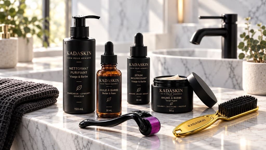 Nettoyant purifiant, huile à barbe, sérum nourrissant et baume à barbe KADASKIN, sur un marbre clair.