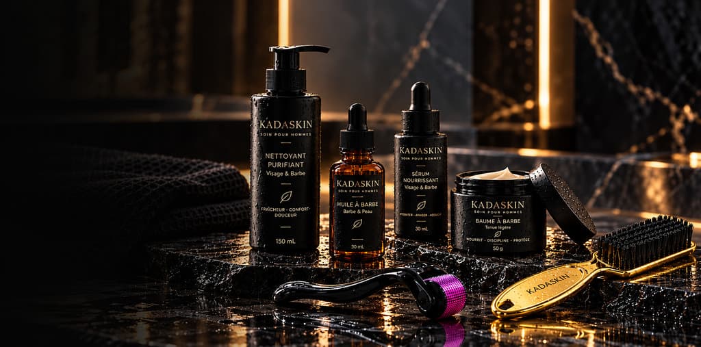 Nettoyant purifiant, huile à barbe, sérum nourrissant et baume à barbe KADASKIN, sur un marbre noir.